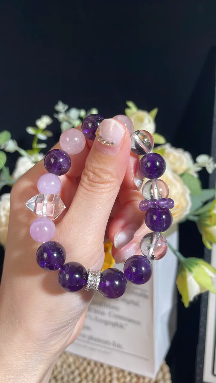 Rose Quartz, Amethyst, Clear Crystal, Purple Moon Pink Snow. Top Choice for the Nine Purple Fire Luck Cycle. Custom Crystal Bracelet. Personalized Order.