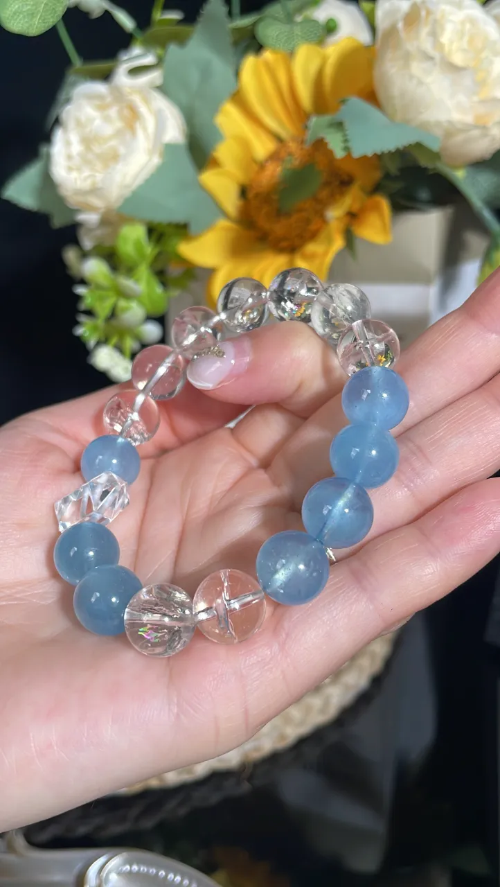 天然海藍寶白水晶白雙尖水晶手串舒緩情緒提升學習力 2