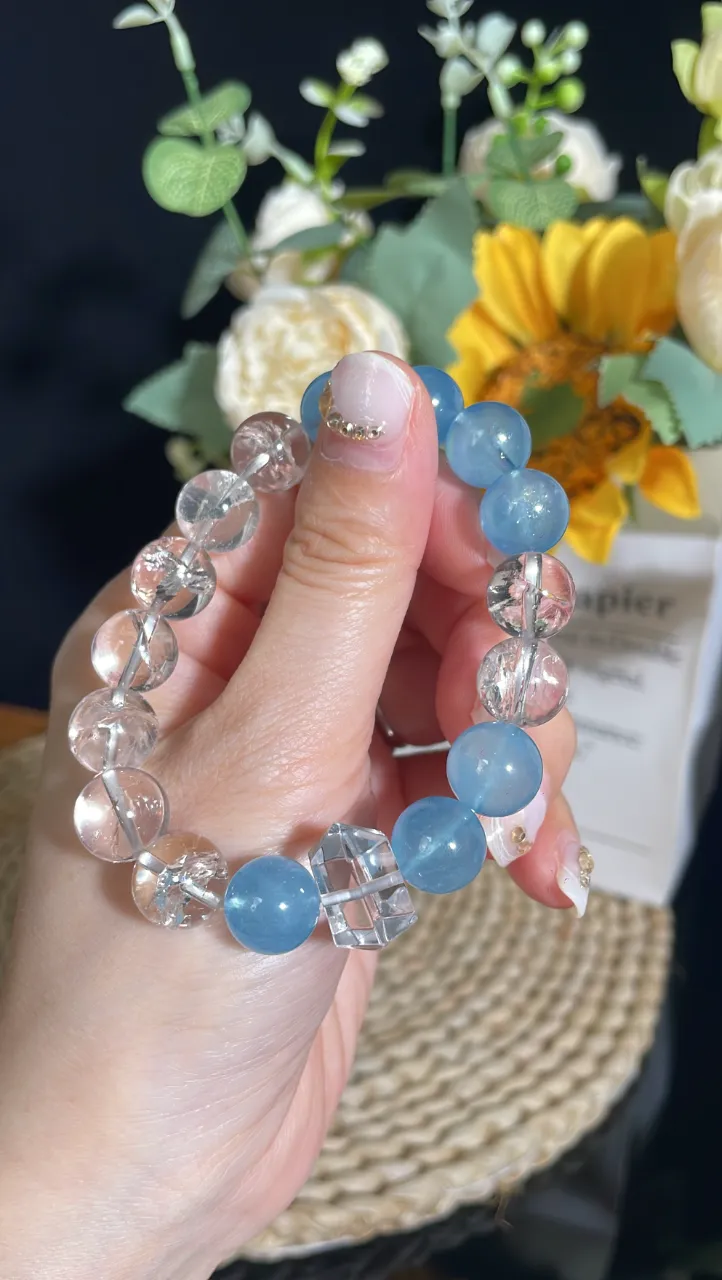天然海藍寶白水晶白雙尖水晶手串舒緩情緒提升學習力 圖片 5