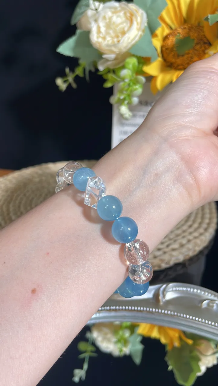 天然海藍寶白水晶白雙尖水晶手串舒緩情緒提升學習力 圖片 6