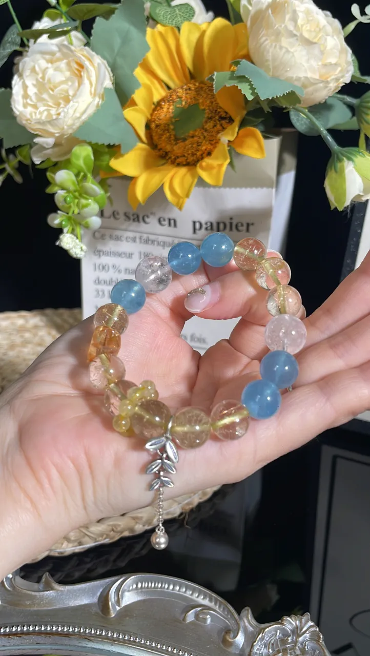 天然髮晶海藍寶白爆閃水晶手鍊送女友閨蜜生日禮物